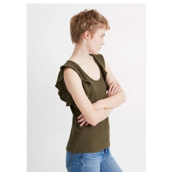 MADEWELL Womens Size Large Olive Green Cotton Ruffle Sleeve Scoop Neck Tank Top - Picture 7 of 14